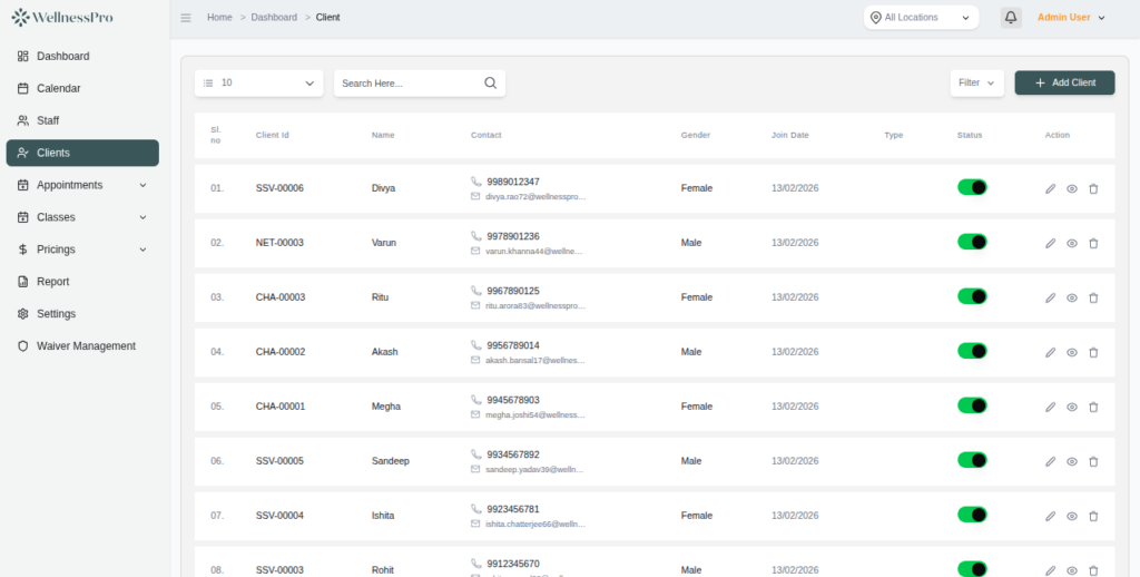 Manage client profiles, history, notes, and communication in one centralized system.