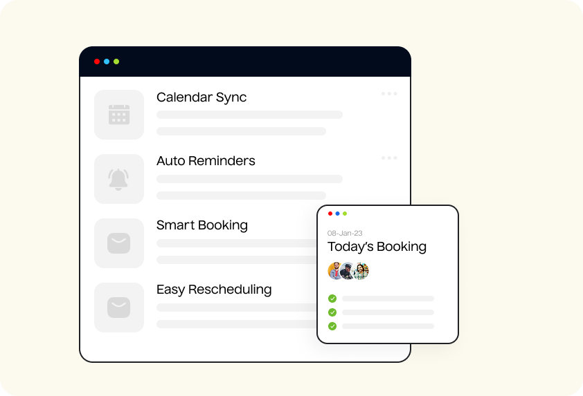 Automated booking, reminders, calendar sync, and rescheduling tools.